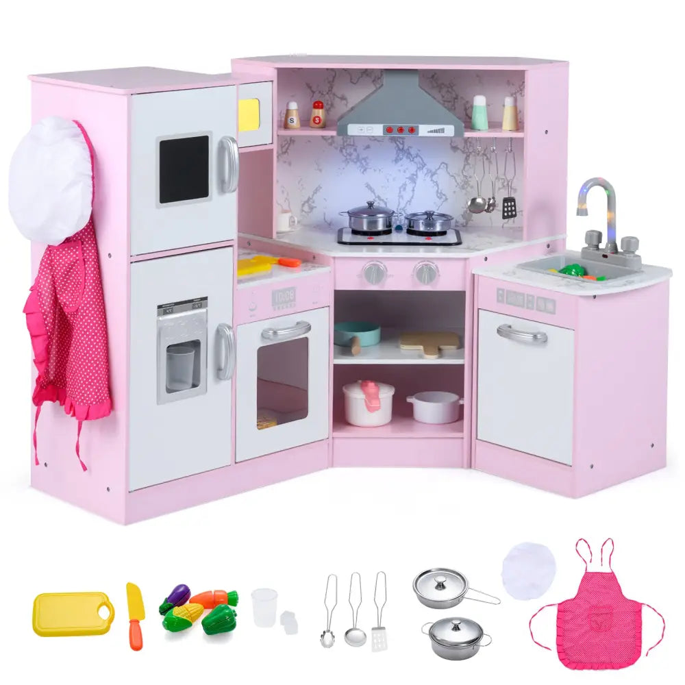 Kids Corner Pretend Kitchen Playset with Separated Washing Basin-Pink - Pink - Play Kitchen Sets
