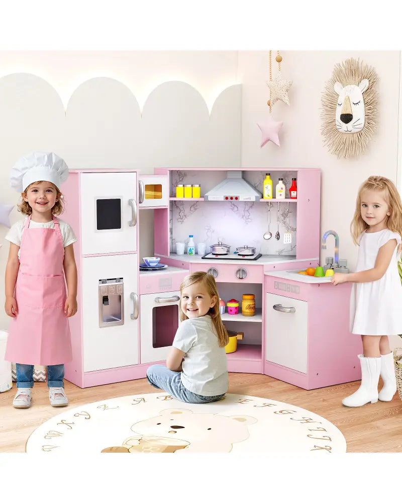 Kids Corner Pretend Kitchen Playset with Separated Washing Basin-Pink - Pink - Play Kitchen Sets