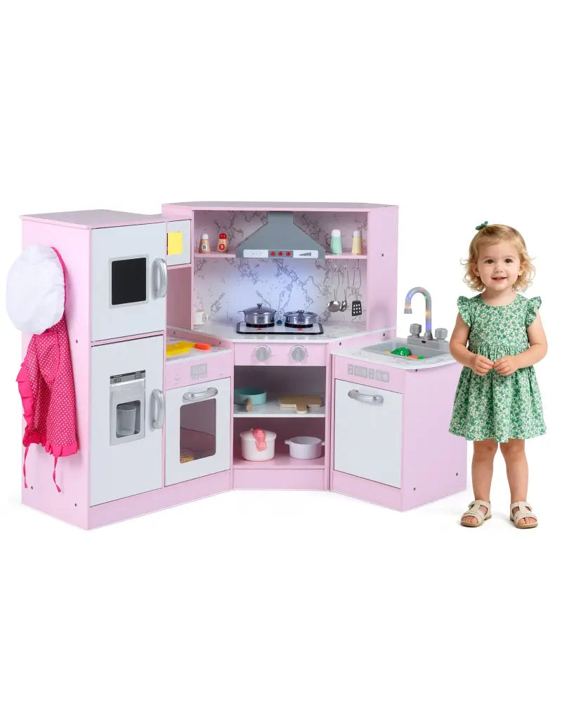 Kids Corner Pretend Kitchen Playset with Separated Washing Basin-Pink - Pink - Play Kitchen Sets