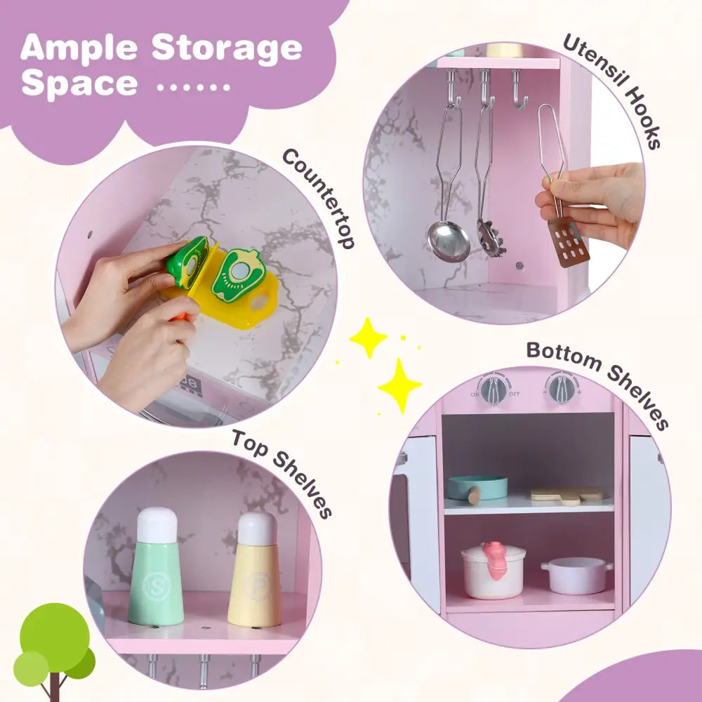 Kids Corner Pretend Kitchen Playset with Separated Washing Basin-Pink - Pink - Play Kitchen Sets
