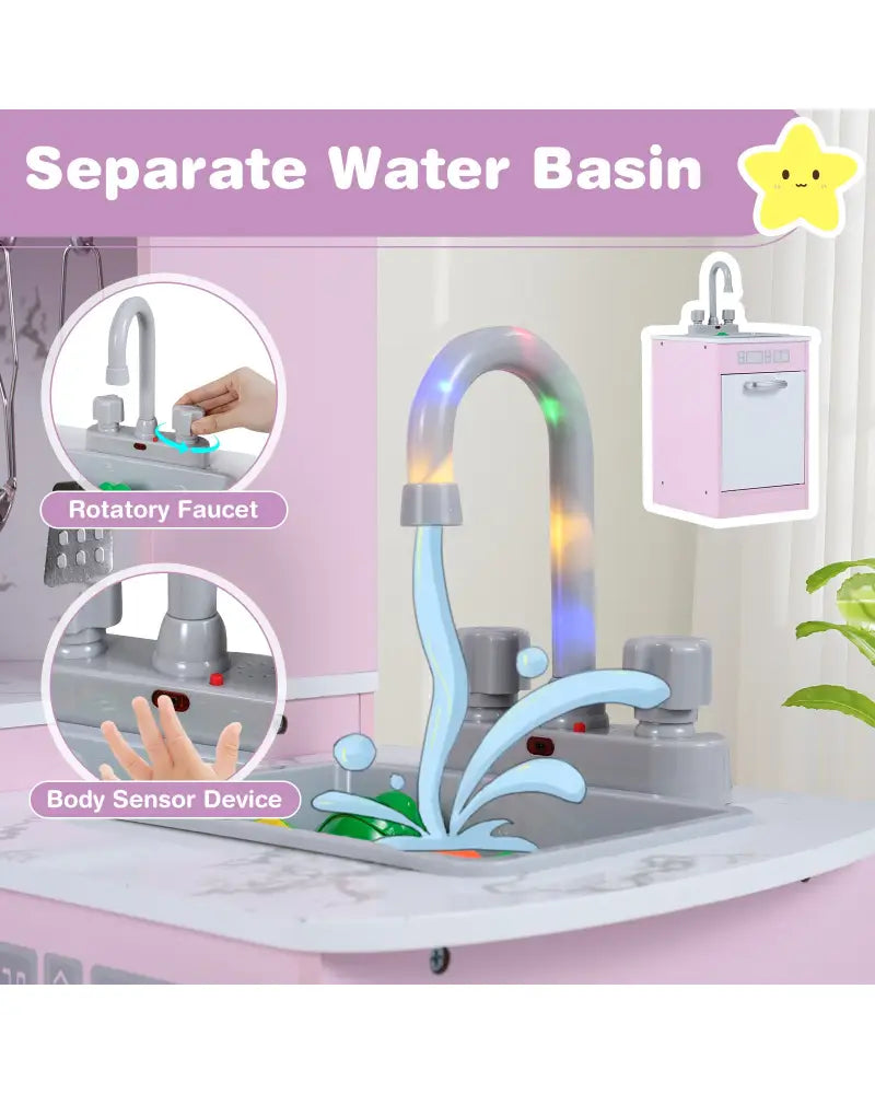 Kids Corner Pretend Kitchen Playset with Separated Washing Basin-Pink - Pink - Play Kitchen Sets