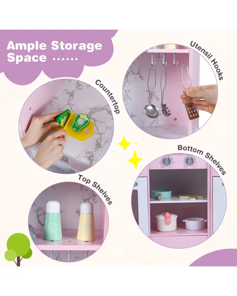 Kids Corner Pretend Kitchen Playset with Separated Washing Basin-Pink - Pink - Play Kitchen Sets
