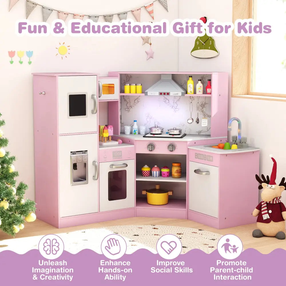 Kids Corner Pretend Kitchen Playset with Separated Washing Basin-Pink - Pink - Play Kitchen Sets