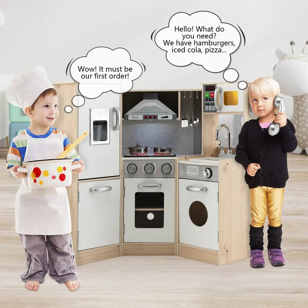 Kids Corner Wooden Kitchen Playset with Cookware Accessories - Multicolor - Play Kitchen Sets
