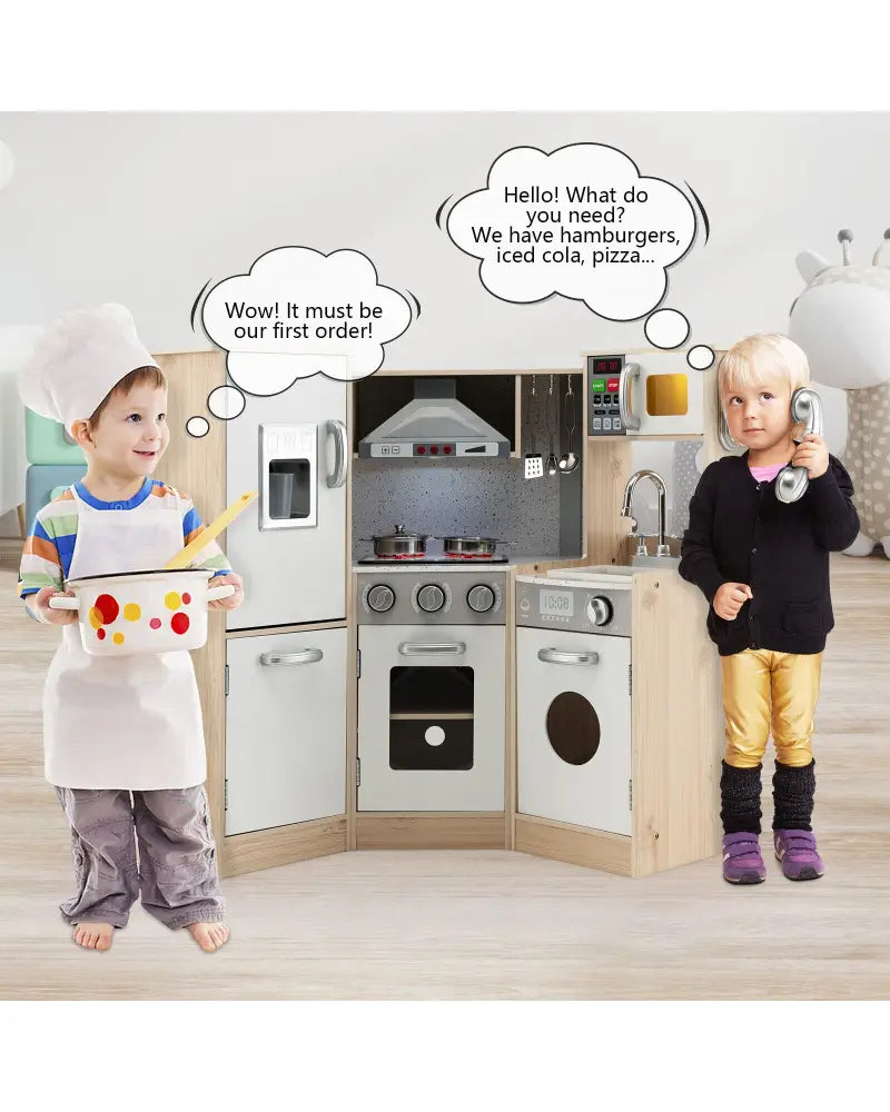 Kids Corner Wooden Kitchen Playset with Cookware Accessories - Multicolor - Play Kitchen Sets