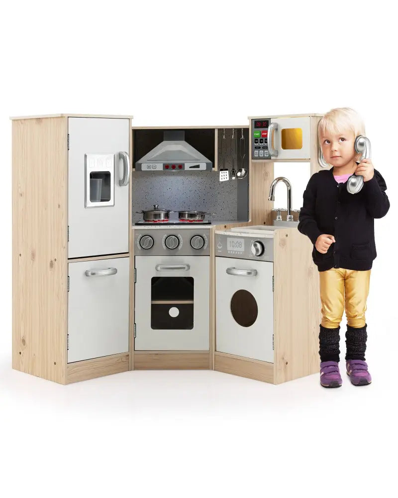 Kids Corner Wooden Kitchen Playset with Cookware Accessories - Multicolor - Play Kitchen Sets