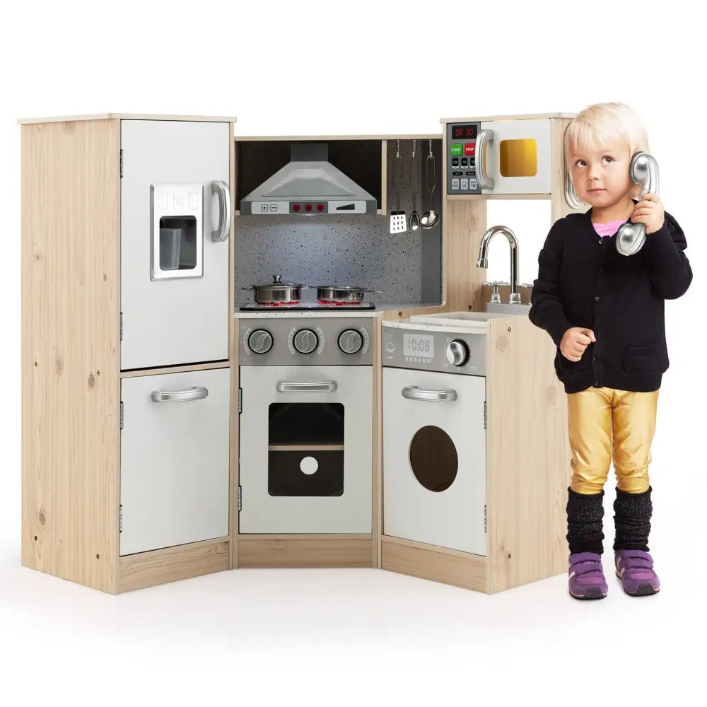 Kids Corner Wooden Kitchen Playset with Cookware Accessories - Multicolor - Play Kitchen Sets