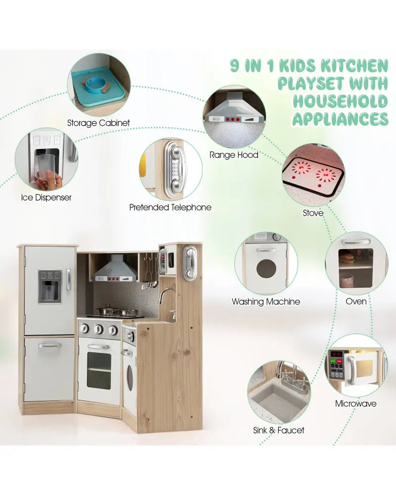 Kids Corner Wooden Kitchen Playset with Cookware Accessories - Multicolor - Play Kitchen Sets