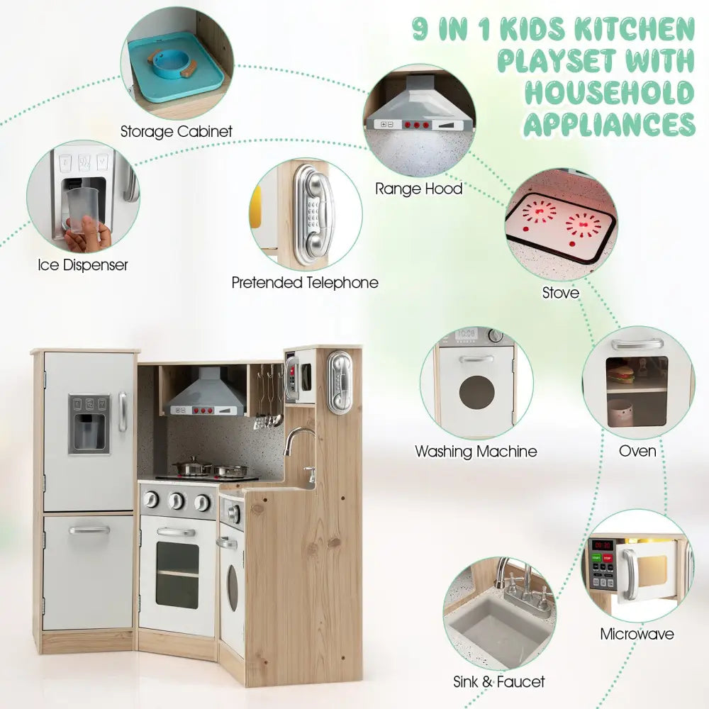 Kids Corner Wooden Kitchen Playset with Cookware Accessories - Multicolor - Play Kitchen Sets