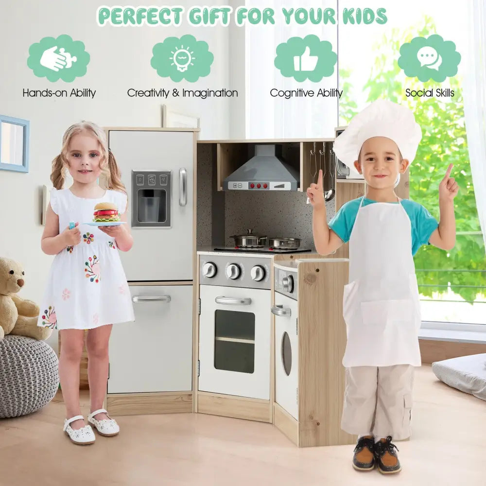 Kids Corner Wooden Kitchen Playset with Cookware Accessories - Multicolor - Play Kitchen Sets