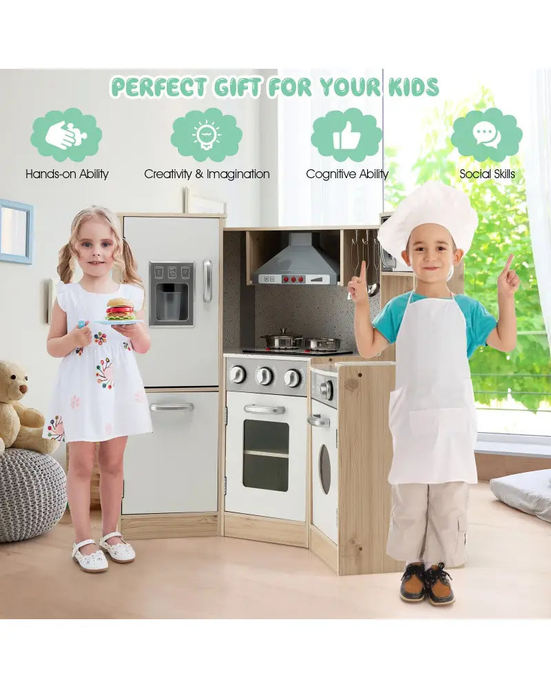 Kids Corner Wooden Kitchen Playset with Cookware Accessories - Multicolor - Play Kitchen Sets