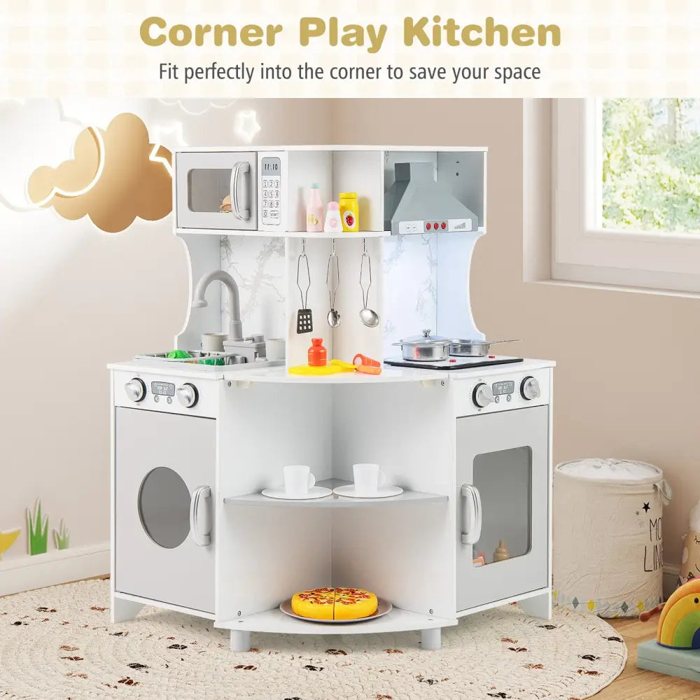 Kids Corner Wooden Play Kitchen with Range Hood and Stoves-Gray - Gray - Play Kitchen Sets