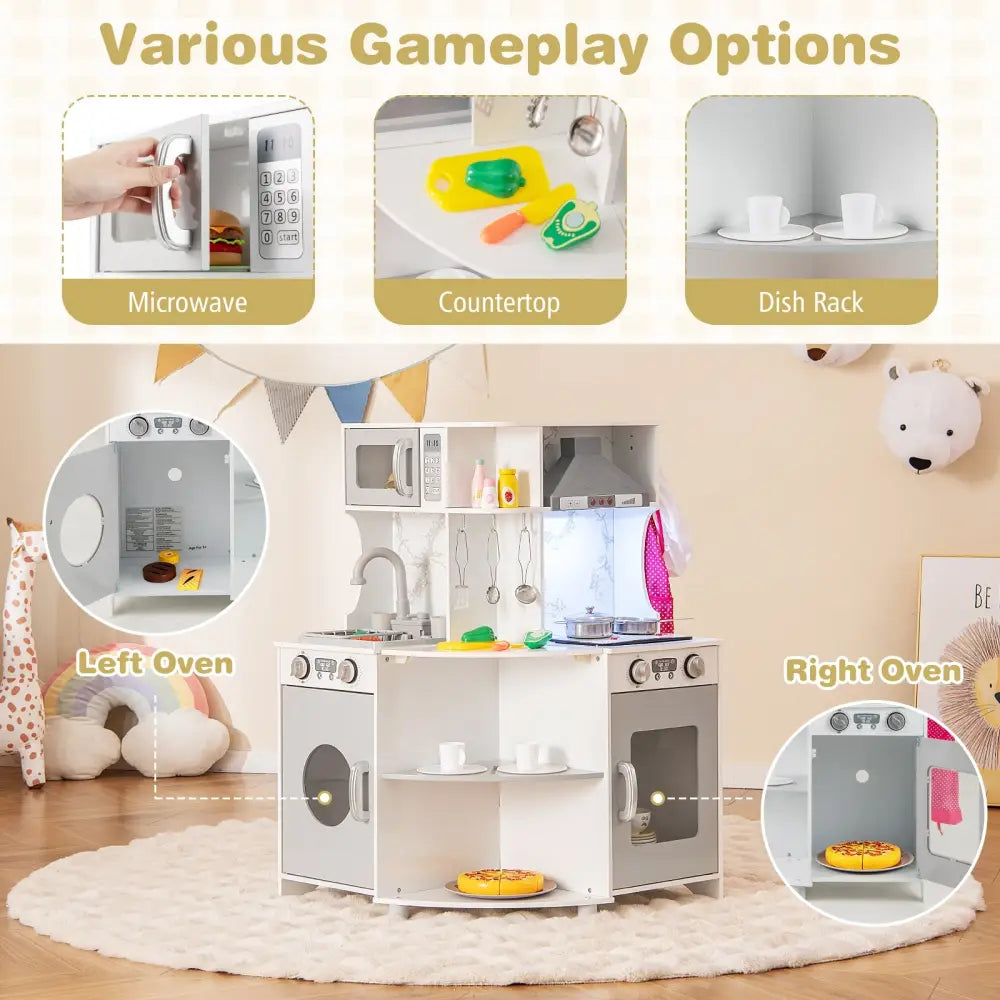 Kids Corner Wooden Play Kitchen with Range Hood and Stoves-Gray - Gray - Play Kitchen Sets