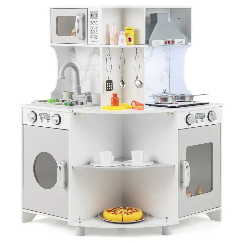 Kids Corner Wooden Play Kitchen with Range Hood and Stoves-Gray - Gray - Play Kitchen Sets