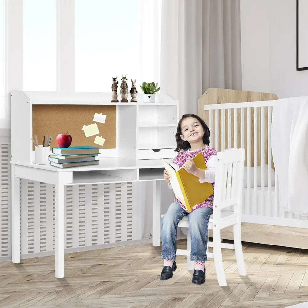 Kids Desk and Chair Set Study Writing Desk with Hutch and Bookshelves-White - White - Kids Table & Chair Sets