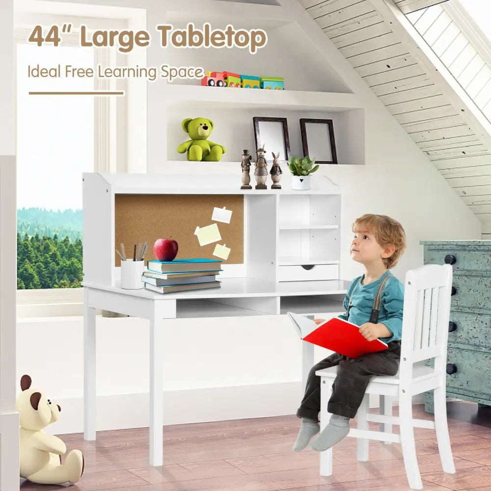 Kids Desk and Chair Set Study Writing Desk with Hutch and Bookshelves-White - White - Kids Table & Chair Sets