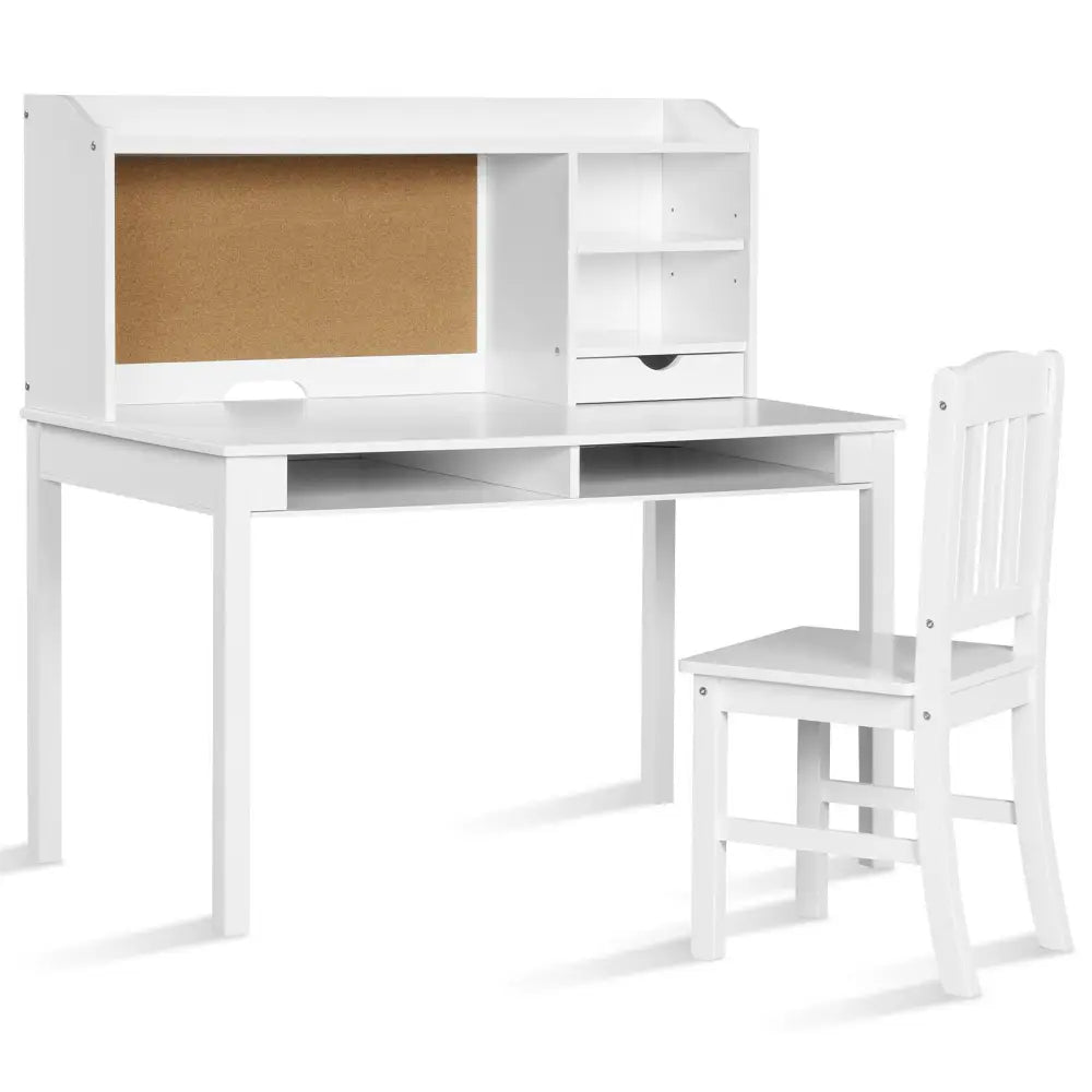 Kids Desk and Chair Set Study Writing Desk with Hutch and Bookshelves-White - White - Kids Table & Chair Sets