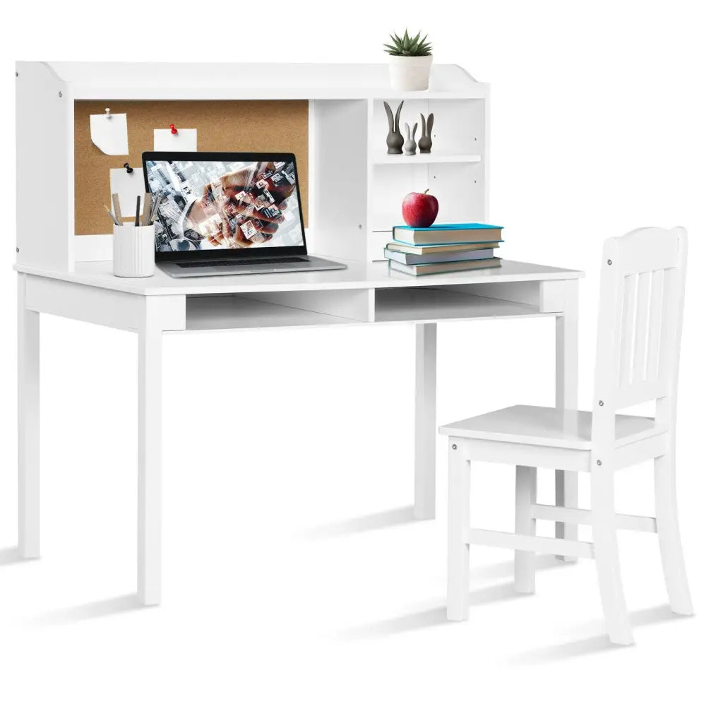 Kids Desk and Chair Set Study Writing Desk with Hutch and Bookshelves-White - White - Kids Table & Chair Sets