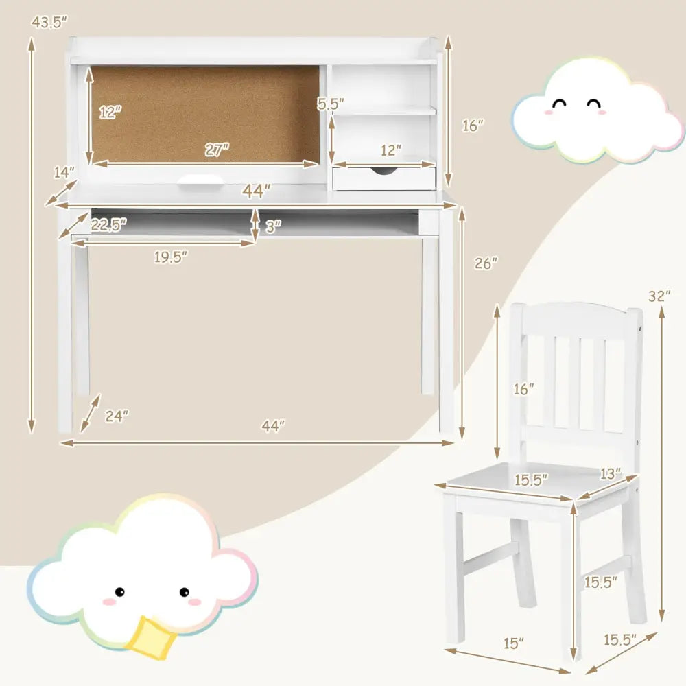 Kids Desk and Chair Set Study Writing Desk with Hutch and Bookshelves-White - White - Kids Table & Chair Sets