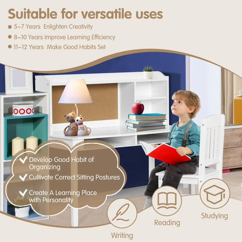 Kids Desk and Chair Set Study Writing Desk with Hutch and Bookshelves-White - White - Kids Table & Chair Sets