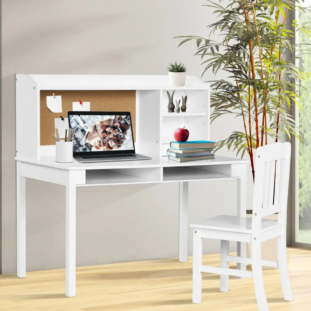 Kids Desk and Chair Set Study Writing Desk with Hutch and Bookshelves-White - White - Kids Table & Chair Sets