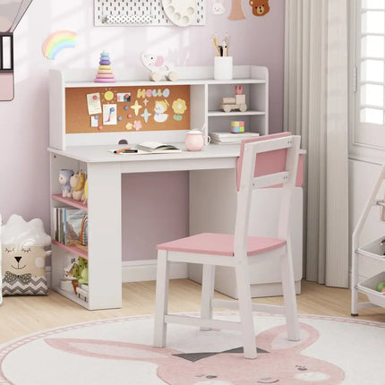 Kids Desk and Chair Set with Hutch and 3-Layer Side Shelf-Pink - Pink - Kids Table & Chair Sets
