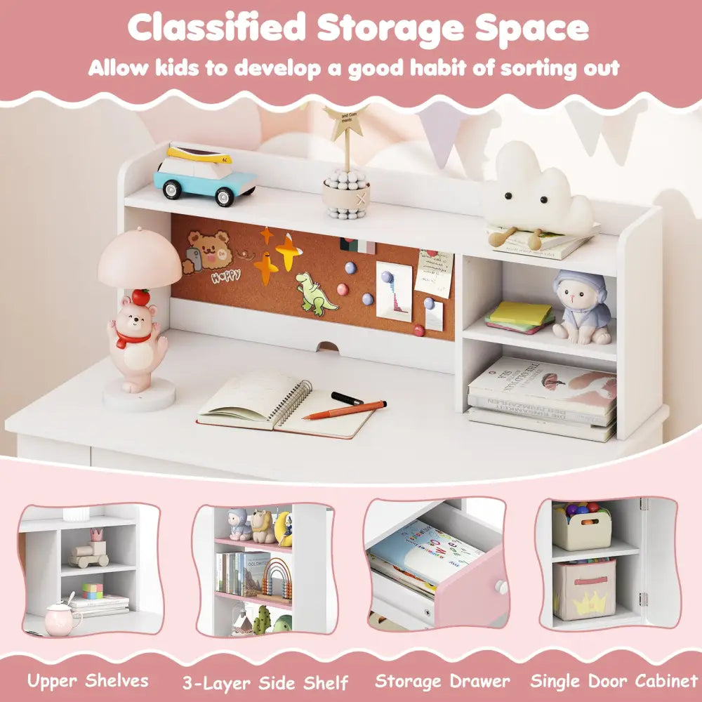 Kids Desk and Chair Set with Hutch and 3-Layer Side Shelf-Pink - Pink - Kids Table & Chair Sets