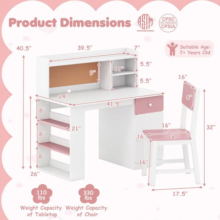 Kids Desk and Chair Set with Hutch and 3-Layer Side Shelf-Pink - Pink - Kids Table & Chair Sets