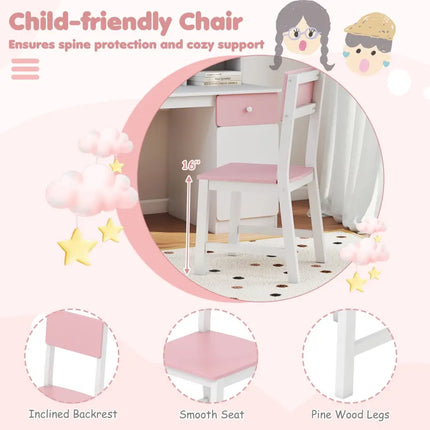 Kids Desk and Chair Set with Hutch and 3-Layer Side Shelf-Pink - Pink - Kids Table & Chair Sets