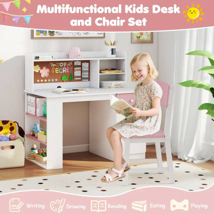 Kids Desk and Chair Set with Hutch and 3-Layer Side Shelf-Pink - Pink - Kids Table & Chair Sets