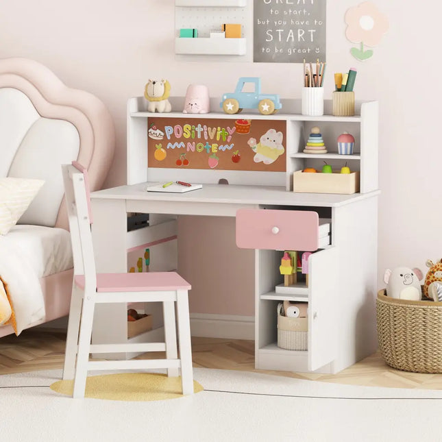 Kids Desk and Chair Set with Hutch and 3-Layer Side Shelf-Pink - Pink - Kids Table & Chair Sets