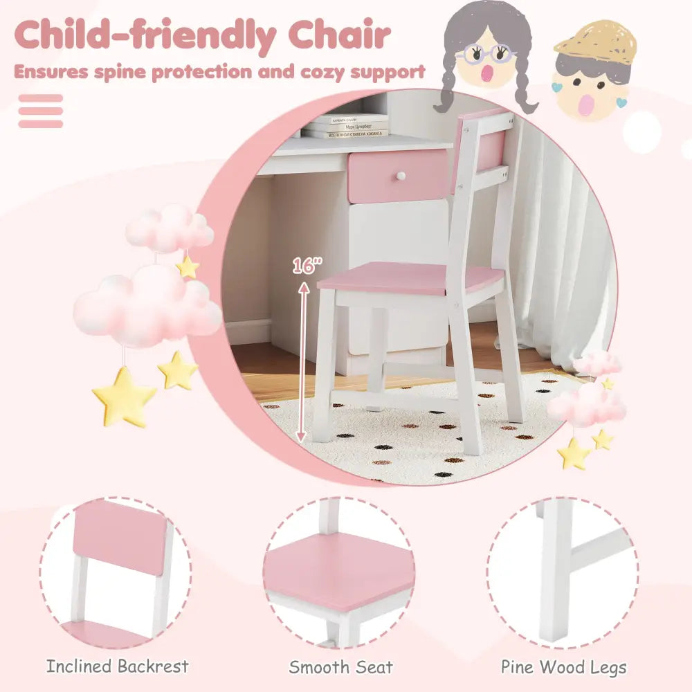 Kids Desk and Chair Set with Hutch and 3-Layer Side Shelf-Pink - Pink - Kids Table & Chair Sets