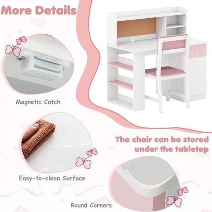 Kids Desk and Chair Set with Hutch and 3-Layer Side Shelf-Pink - Pink - Kids Table & Chair Sets