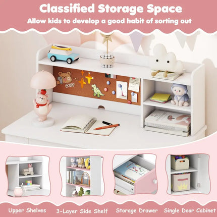 Kids Desk and Chair Set with Hutch and 3-Layer Side Shelf-Pink - Pink - Kids Table & Chair Sets