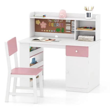 Kids Desk and Chair Set with Hutch and 3-Layer Side Shelf-Pink - Pink - Kids Table & Chair Sets