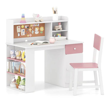 Kids Desk and Chair Set with Hutch and 3-Layer Side Shelf-Pink - Pink - Kids Table & Chair Sets