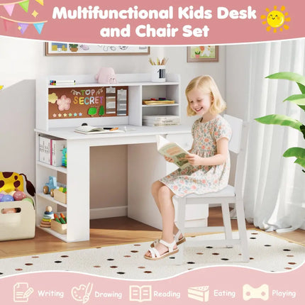 Kids Desk and Chair Set with Hutch and 3-Layer Side Shelf-White - White - Kids Table & Chair Sets