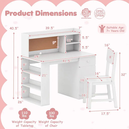 Kids Desk and Chair Set with Hutch and 3-Layer Side Shelf-White - White - Kids Table & Chair Sets