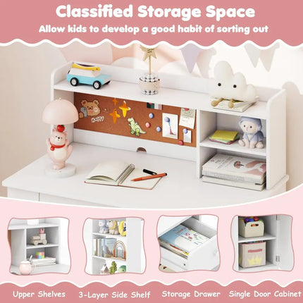 Kids Desk and Chair Set with Hutch and 3-Layer Side Shelf-White - White - Kids Table & Chair Sets