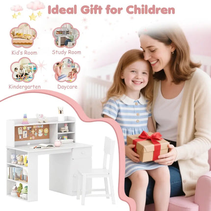 Kids Desk and Chair Set with Hutch and 3-Layer Side Shelf-White - White - Kids Table & Chair Sets