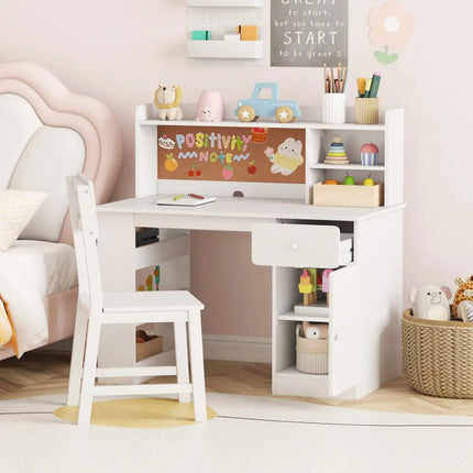 Kids Desk and Chair Set with Hutch and 3-Layer Side Shelf-White - White - Kids Table & Chair Sets