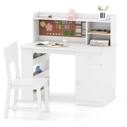 Kids Desk and Chair Set with Hutch and 3-Layer Side Shelf-White - White - Kids Table & Chair Sets