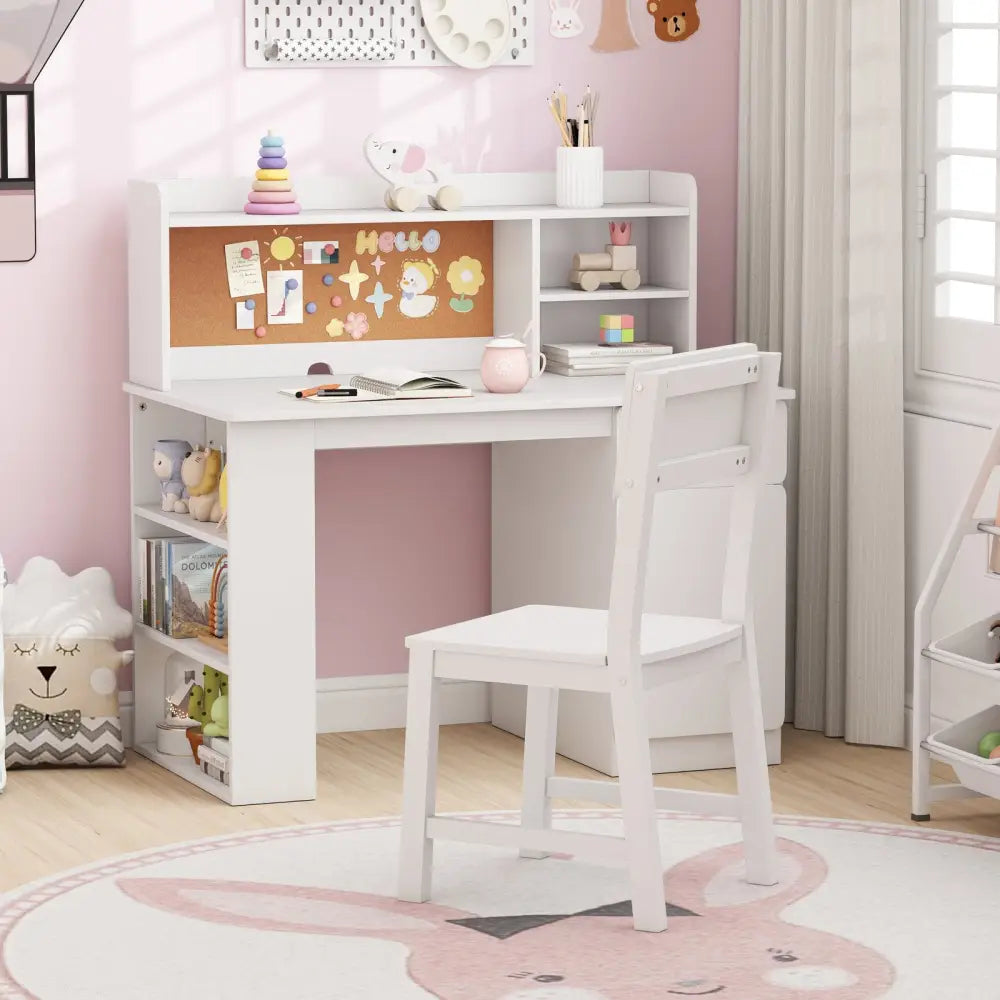Kids Desk and Chair Set with Hutch and 3-Layer Side Shelf-White - White - Kids Table & Chair Sets