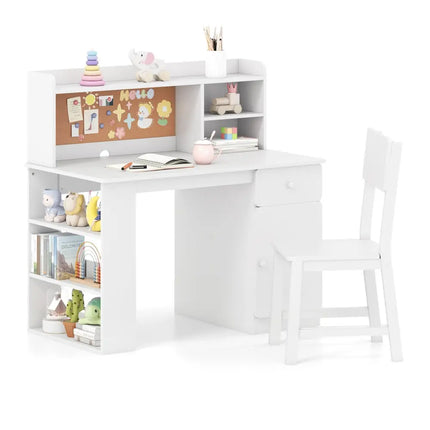 Kids Desk and Chair Set with Hutch and 3-Layer Side Shelf-White - White - Kids Table & Chair Sets