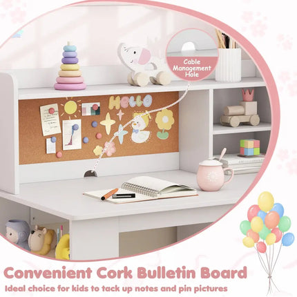 Kids Desk and Chair Set with Hutch and 3-Layer Side Shelf-White - White - Kids Table & Chair Sets