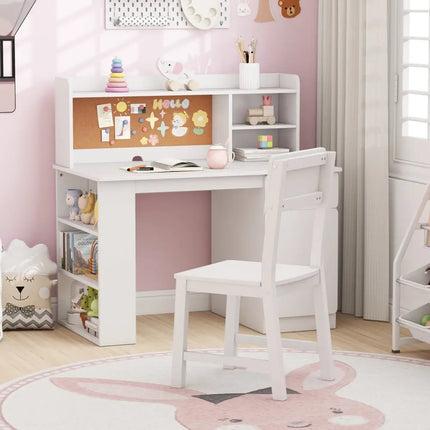 Kids Desk and Chair Set with Hutch and 3-Layer Side Shelf-White - White - Kids Table & Chair Sets