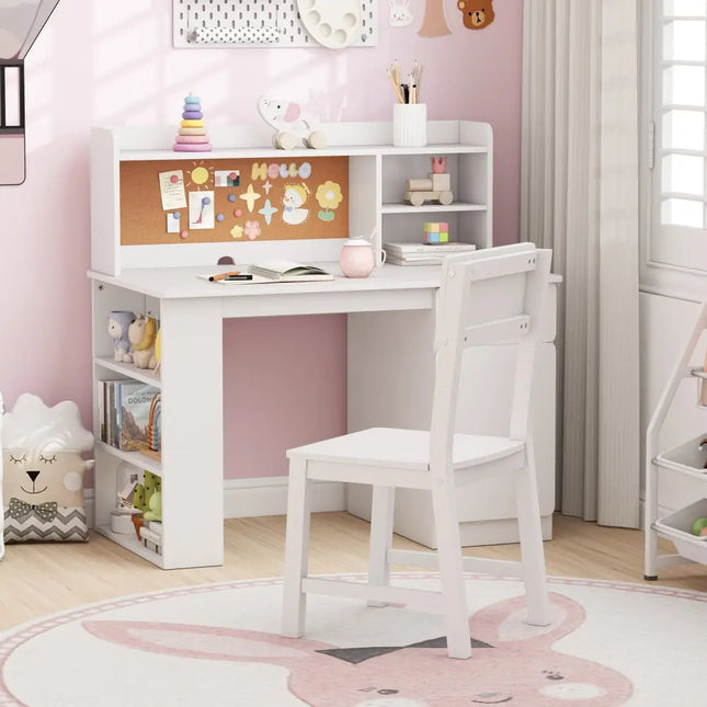 Kids Desk and Chair Set with Hutch and 3-Layer Side Shelf-White - White - Kids Table & Chair Sets