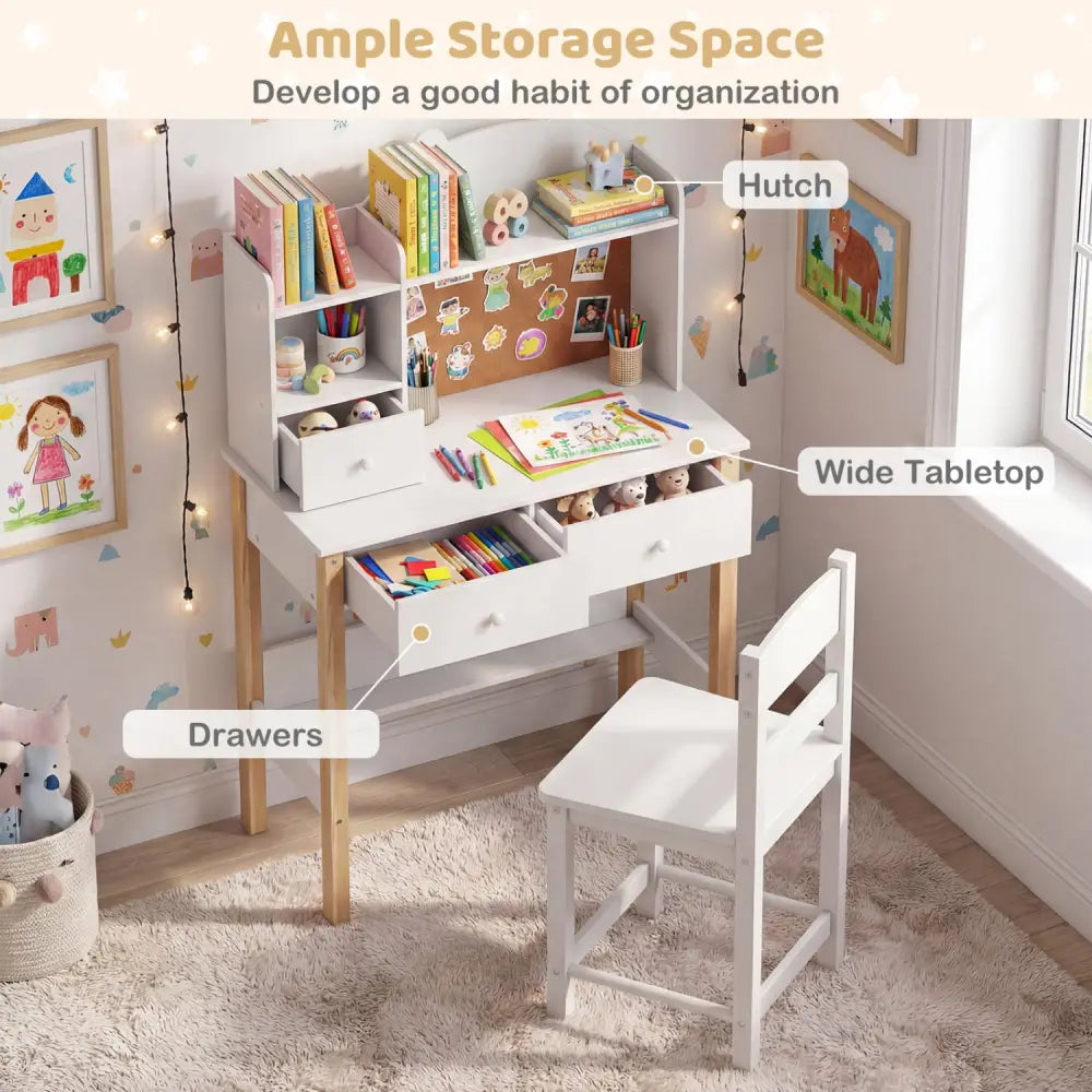 Kids Desk and Chair Set with Hutch Bulletin Board and Drawers-White - White - Kids Table & Chair Sets
