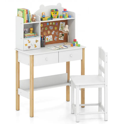 Kids Desk and Chair Set with Hutch Bulletin Board and Drawers-White - White - Kids Table & Chair Sets