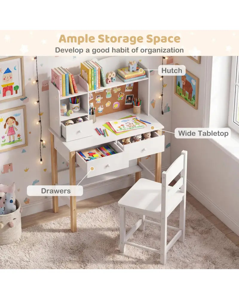 Kids Desk and Chair Set with Hutch Bulletin Board and Drawers-White - White - Kids Table & Chair Sets